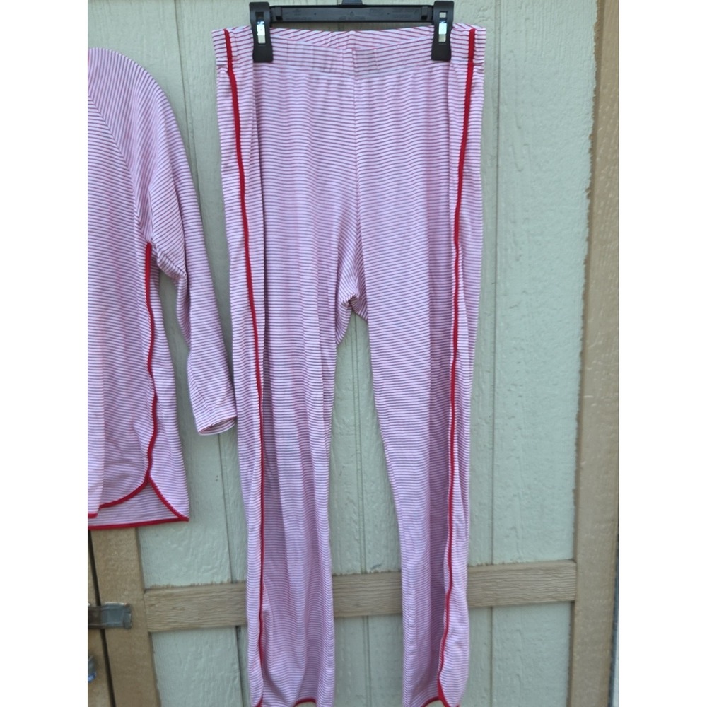 The LAKE Pima Cotton Crew Long Sleeve Set Red Striped Ecocore Pajama Lounge - Picture 5 of 7
